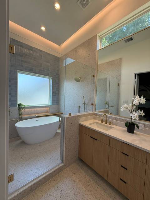 Custom frameless shower in a spa-style master bath